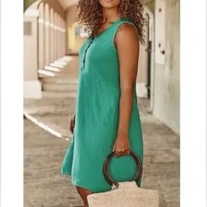 J. Jill Teal Blue Green Knit Sleeveless V-Neck Dress with Buttons